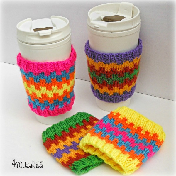 Knit these adorable, colorful coffee cozies with Lion Brand Bon Bons.