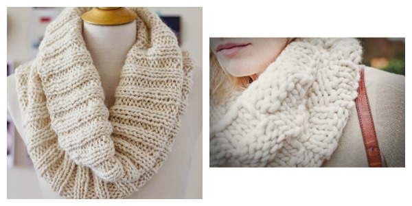 Knit cozy cowls in winter white and fun bulky yarns.