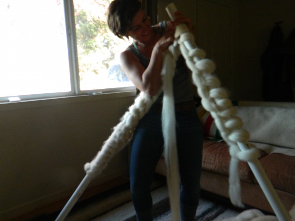 Knitter used giant roving, PVC needles to knit huge blanket