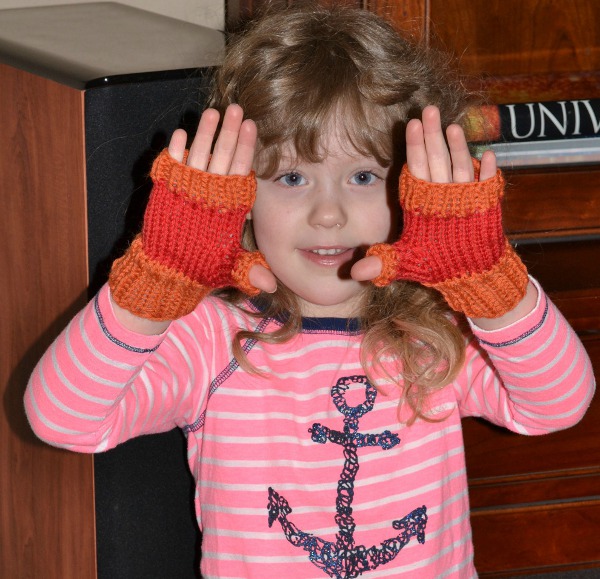 Knit up a quick pair of fingerless mitts for kids