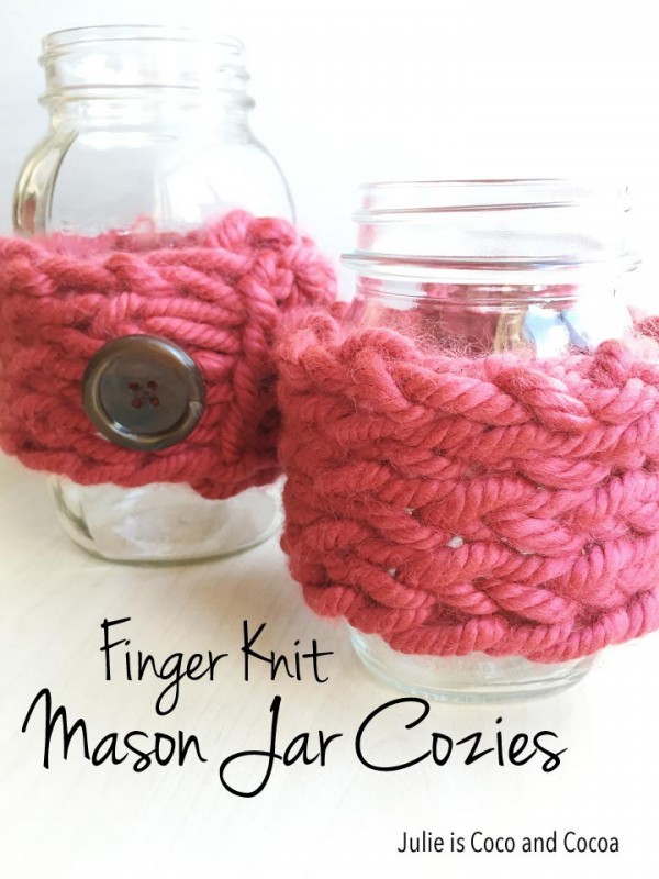 finger knit mason jar cozies and a different way to finger knit