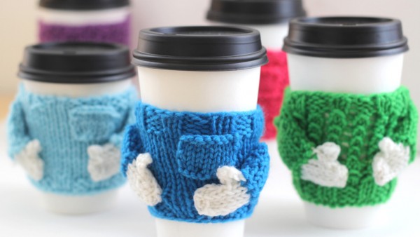 Coffee cozy sweaters are a great quick gift knit.