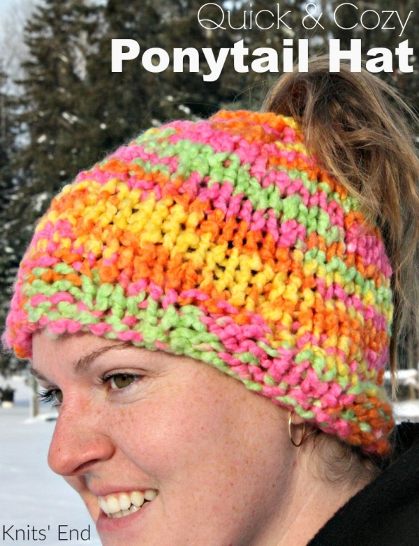 Knit a super simple ponytail hat worked flat.