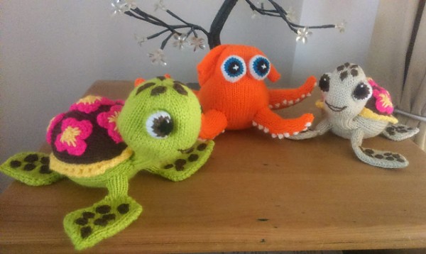 knit characters from Finding Dory including Squirt the Turtle.