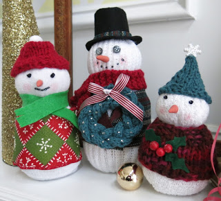 sock snowmen with knit accessories