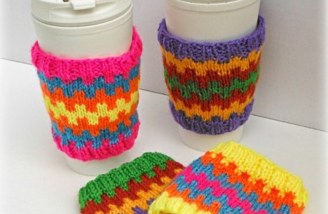 Knit these adorable, colorful coffee cozies with Lion Brand Bon Bons.