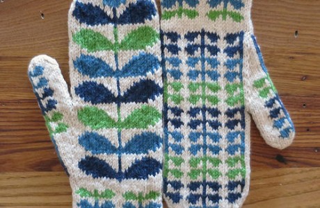 Knit mittens inspired by designer Orla Kiely