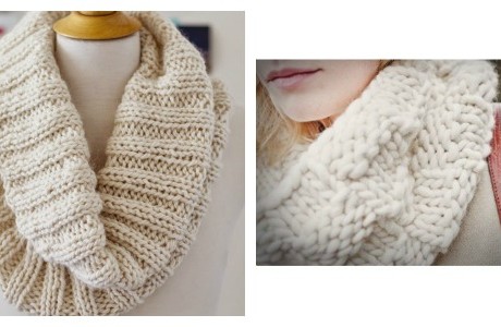 Knit cozy cowls in winter white and fun bulky yarns.
