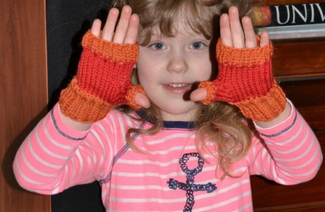 Knit up a quick pair of fingerless mitts for kids