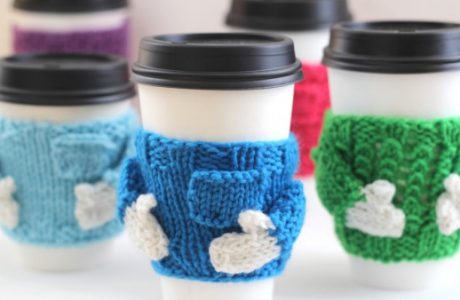 Coffee cozy sweaters are a great quick gift knit.