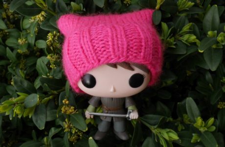 Knit a tiny pussy cat hat for a Funko Pop doll.