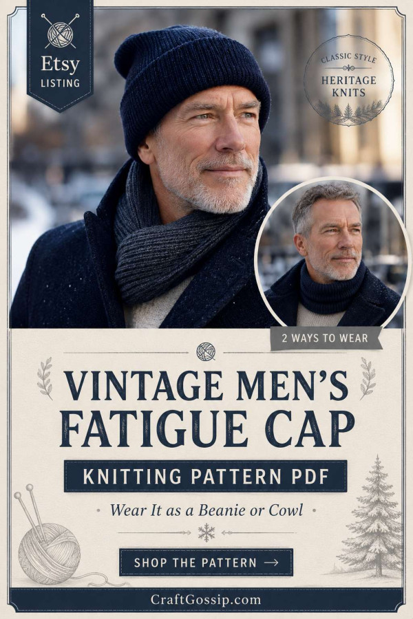 Vintage Men’s Fatigue Cap Knitting Pattern – A Clever Beanie And Cowl In One